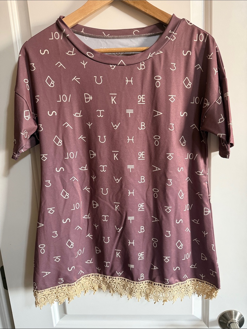 Crazy Train Mauve Short Sleeve Brand Printed Tee with Lace Trim